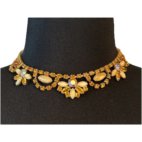 Vintage Weiss Signed Gold Tone Amber Rhinestone Choker Necklace 15.5" - Picture 1 of 5